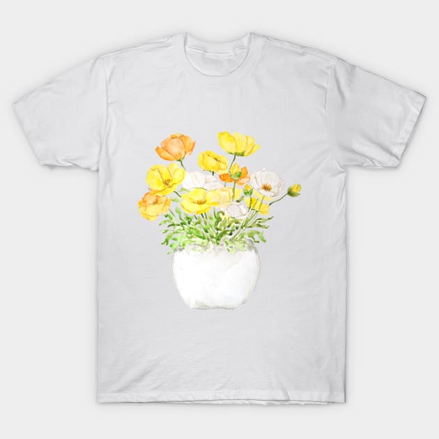 yellow orange and white poppies in pot T-Shirt by colorandcolor